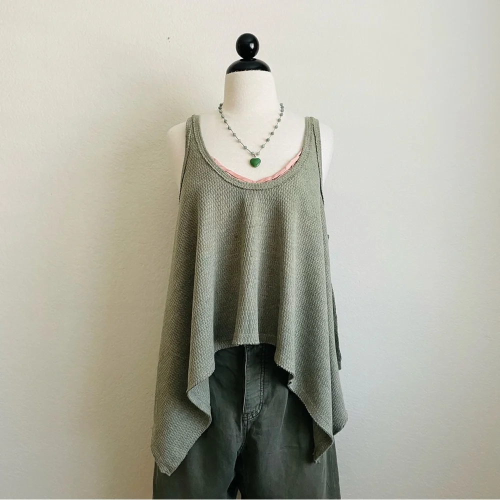 Free People We the Free Waffle Hi-Lo Olive Tank